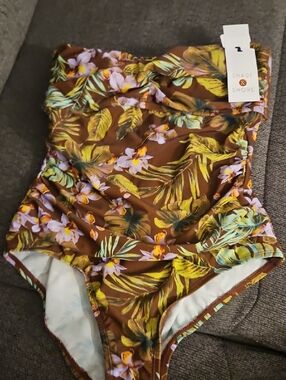Shade & Shore Girls' Brown Tropical Floral One-Piece Swimsuit